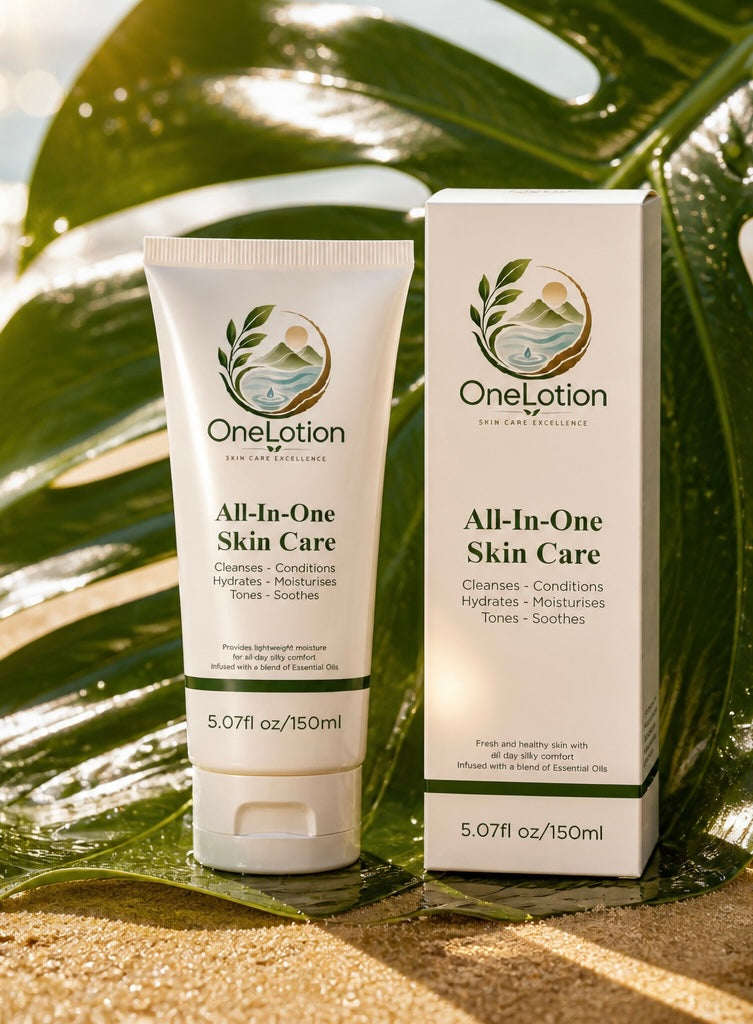 OneLotion product on tropical leaves